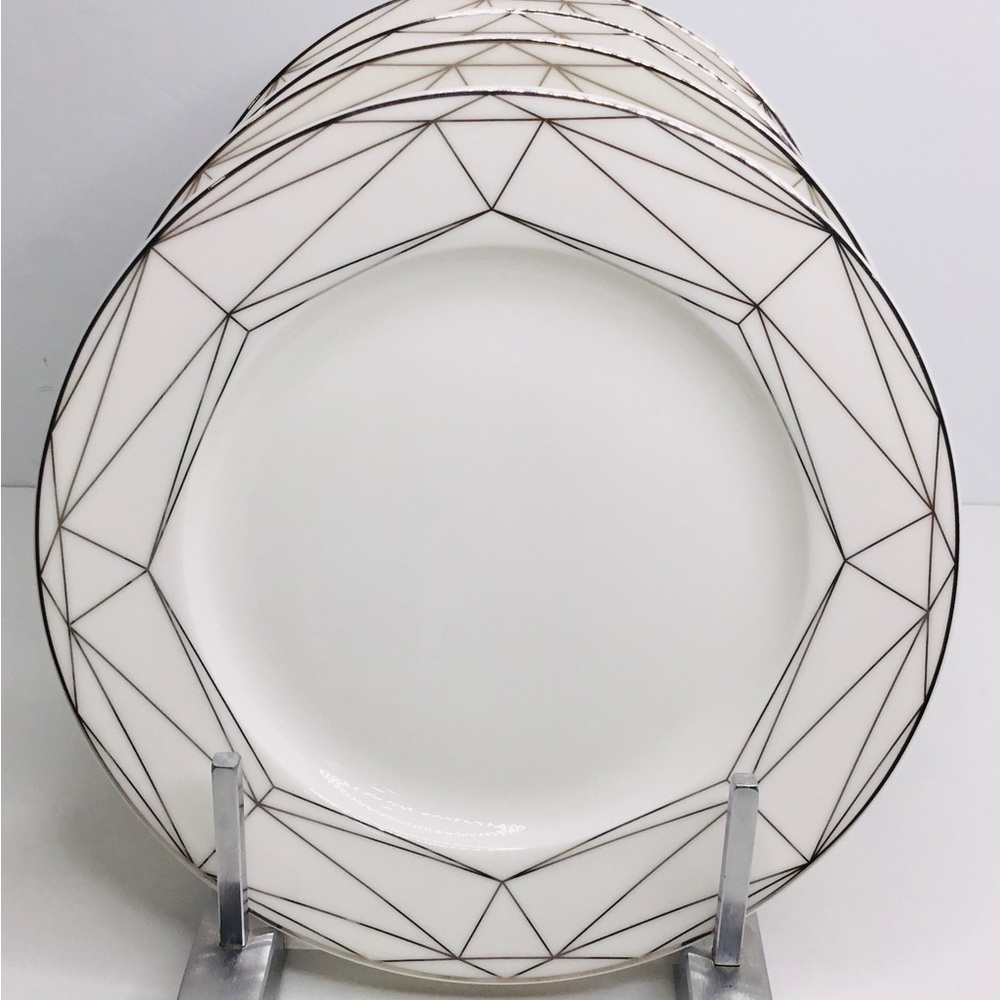 4 Dinner Plates 10.5” Joseph Sedgh Collection Porcelain White Silver Trim Ri…